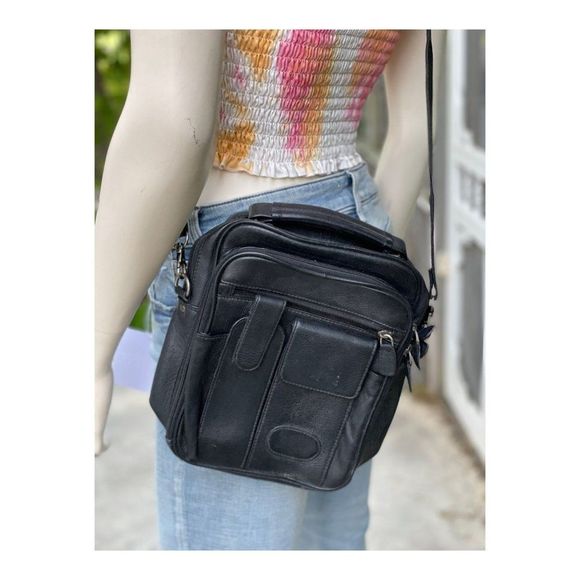 Mancini Black Leather Cross Body Bag Satchel Utility Functional Unisex - Picture 1 of 8